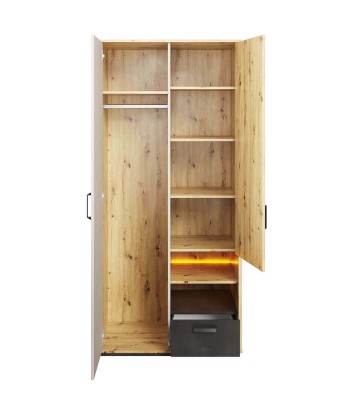 Armoire en bois clair avec 2 portes, 1 tiroir et LED inclus, pour enfants et adolescents, Qubic 03 Medium, Chêne Artisan / Gris / Noir, L90xW52xH195 cm pour bénéficier 