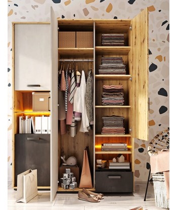 Armoire en bois clair avec 2 portes, 1 tiroir et LED inclus, pour enfants et adolescents, Qubic 03 Medium, Chêne Artisan / Gris / Noir, L90xW52xH195 cm pour bénéficier 