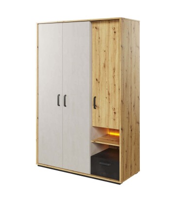 Armoire en bois clair avec 3 portes, 1 tiroir et LED incluses, pour enfants et adolescents, Qubic 02 Large, Chêne Artisan / Gris / Noir, L130xL52xH195 cm JUSQU'A -70%! 