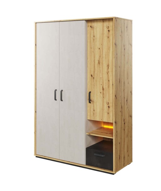 Armoire en bois clair avec 3 portes, 1 tiroir et LED incluses, pour enfants et adolescents, Qubic 02 Large, Chêne Artisan / Gris / Noir, L130xL52xH195 cm JUSQU'A -70%! 