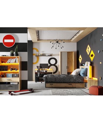 Armoire en bois clair avec 2 portes, 1 tiroir et LED inclus, pour enfants et adolescents, Qubic 03 Medium, Chêne Artisan / Gris / Noir, L90xW52xH195 cm pour bénéficier 