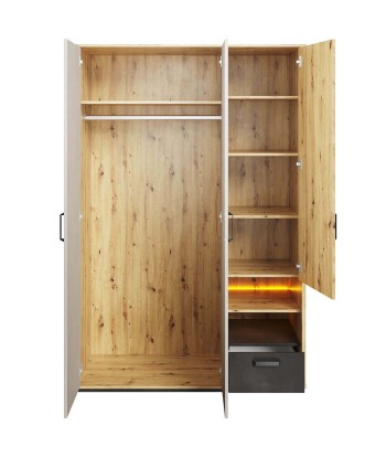 Armoire en bois clair avec 3 portes, 1 tiroir et LED incluses, pour enfants et adolescents, Qubic 02 Large, Chêne Artisan / Gris / Noir, L130xL52xH195 cm JUSQU'A -70%! 