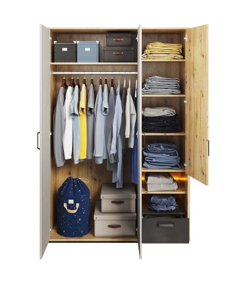 Armoire en bois clair avec 3 portes, 1 tiroir et LED incluses, pour enfants et adolescents, Qubic 02 Large, Chêne Artisan / Gris / Noir, L130xL52xH195 cm JUSQU'A -70%! 