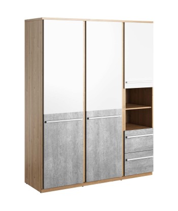 Armoire en bois clair avec 3 portes et 2 tiroirs, pour enfants et adolescents, Plano 01, Chêne/Gris/Blanc, L150xl51xH191 cm les ctes