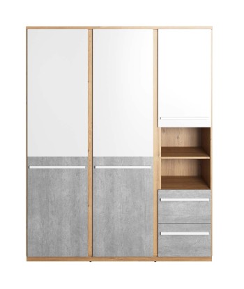 Armoire en bois clair avec 3 portes et 2 tiroirs, pour enfants et adolescents, Plano 01, Chêne/Gris/Blanc, L150xl51xH191 cm les ctes