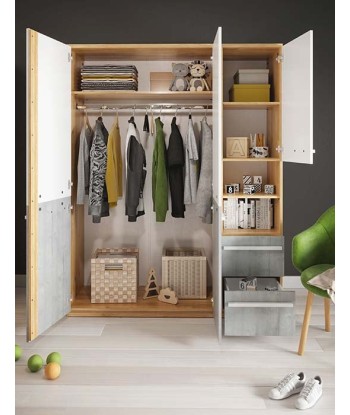 Armoire en bois clair avec 3 portes et 2 tiroirs, pour enfants et adolescents, Plano 01, Chêne/Gris/Blanc, L150xl51xH191 cm les ctes