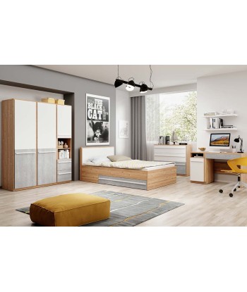 Armoire en bois clair avec 3 portes et 2 tiroirs, pour enfants et adolescents, Plano 01, Chêne/Gris/Blanc, L150xl51xH191 cm les ctes