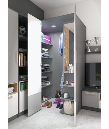 Armoire Pok 00P Gris/Blanc/Graphite, avec 2 portes à droite, en bois, avec 6 étagères, 2 rails, miroir et LED inclus, pour enfants/adolescents, l130xL93xH193 cm suggérées chez