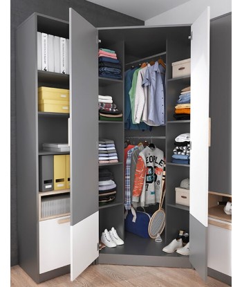 Armoire d'angle en bois avec 2 portes, pour enfants et jeunes, Pok 01 Gris / Blanc / Graphite, L95xW95xH193 cm outlet