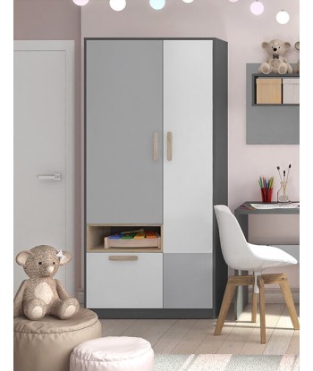 Armoire en bois clair avec 2 portes et 1 tiroir, pour enfants et jeunes, Pok 02 Gris / Blanc / Graphite, L90xW50xH193 cm votre restaurant rapide dans 