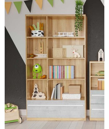 Bibliothèque en bois avec 1 tiroir, pour enfants et jeunes, Plano 03, Chêne / Gris, L90xW41xH161 cm sur le site 