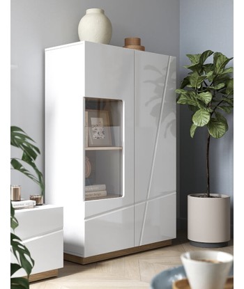 Vitrine en bois, avec 2 portes et LED incluses, Futura 05, Medium  Blanc / Chêne Riviera, L90xW41xH141 cm votre