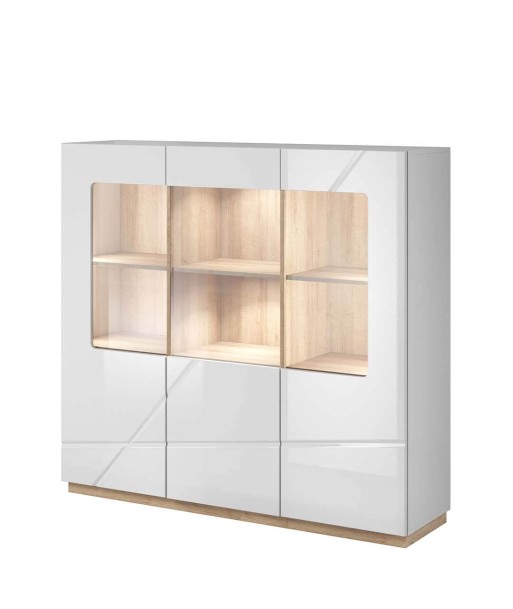 Vitrine en bois, avec 3 portes et LED incluses, Futura 06, Large Blanc / Chêne Riviera, L150xW41xH141 cm Paris Déstockage Promo