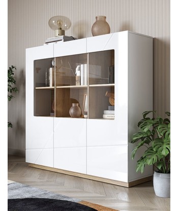 Vitrine en bois, avec 3 portes et LED incluses, Futura 06, Large Blanc / Chêne Riviera, L150xW41xH141 cm Paris Déstockage Promo