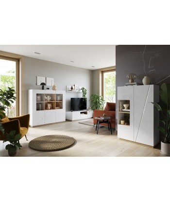 Vitrine en bois, avec 3 portes et LED incluses, Futura 06, Large Blanc / Chêne Riviera, L150xW41xH141 cm Paris Déstockage Promo