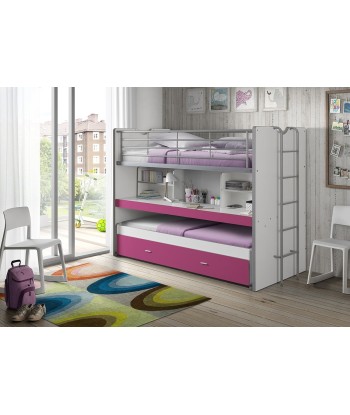 Lit superposé en copain et métal avec bureau et tiroir construits, pour les enfants Bonny White / Fuchsia, 200 x 90 cm Par le système avancé 