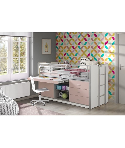 Pal et lit de sol en métal avec bureau construit et 3 tiroirs, pour enfants blanc / rose, 200 x 90 cm Pour