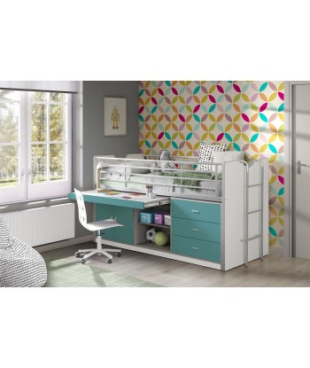 Pal et lit de sol en métal avec bureau construit et 3 tiroirs, pour enfants blanc / turquoise, 200 x 90 cm Dans la société mordern