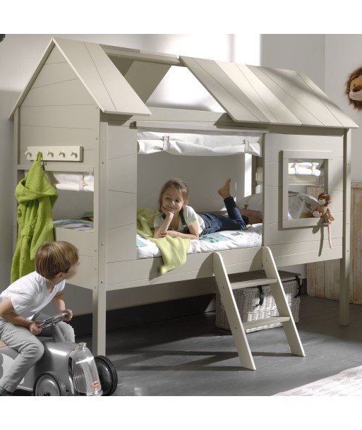 Lit de bois en pin et mdf, pour les enfants avec espace de jeu et les rideaux décoratifs de Charlotte / gris, 200 x 90 cm chez Cornerstreet bien 