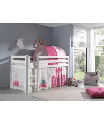 Lit de plancher en bois d'épingle, avec tunnel et espace de jeu pour les enfants Pino Princess White, 200 x 90 cm Pour