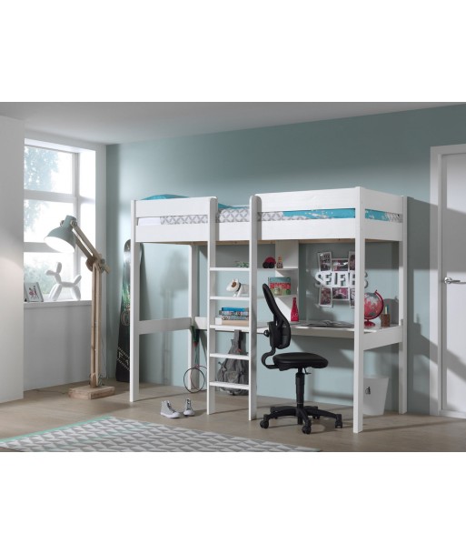 Pin - Lit de plancher de bois et mdf avec bureau construit, pour enfants pino mezzanine blanc, 200 x 90 cm en linge