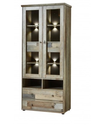 Vitrine palette 4 tiroirs, 2 portes et LED incluses Bazna Natur / Gris foncé, l83xA39xH188 cm Les êtres humains sont 